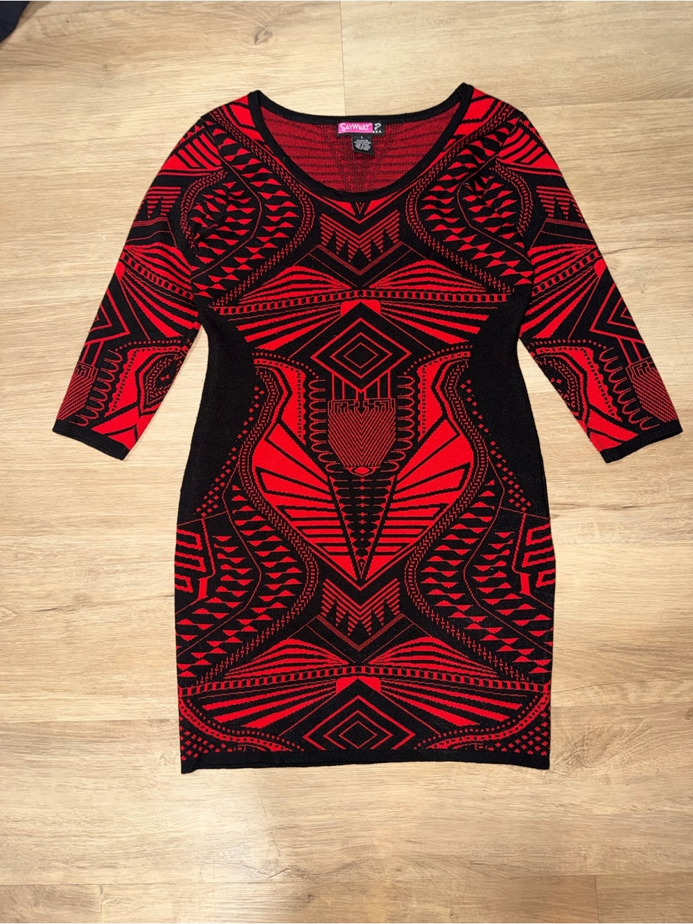 Say What? Red and Black Geometric Knit Bodycon Dress